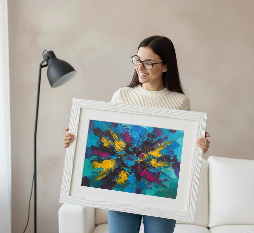 Hand positioning White Barnwood Frame displaying vibrant impressionist landscape oil painting with emerald green meadow golden yellow wildflowers blue reflecting water and trees with white matting showcasing textured white finish and 1.5 inch coastal barnwood moulding for traditional landscape and plein air artwork framing