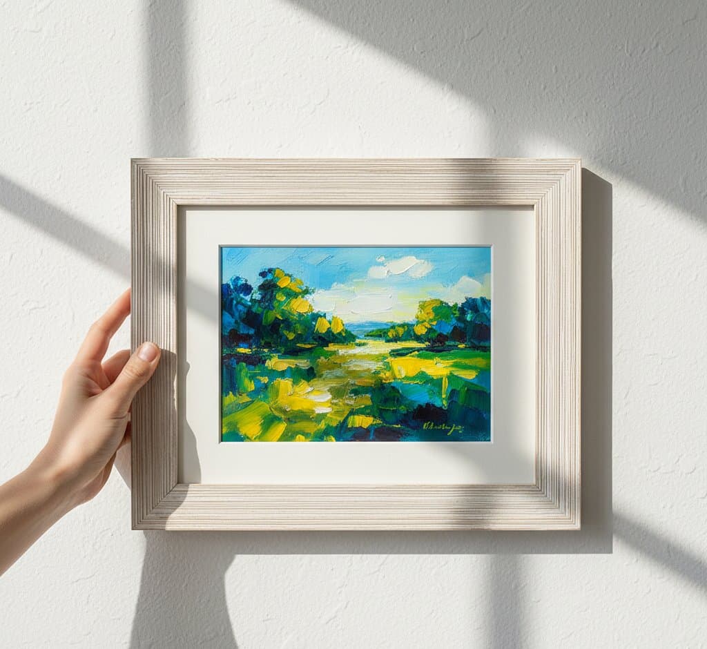 Woman presenting large White Barnwood Frame displaying vibrant alcohol ink floral abstract art with pink magenta purple blue and gold organic flowing petal shapes in bright living room showcasing substantial 1.5 inch rustic white barnwood moulding and authentic wood grain texture for contemporary fluid art framing