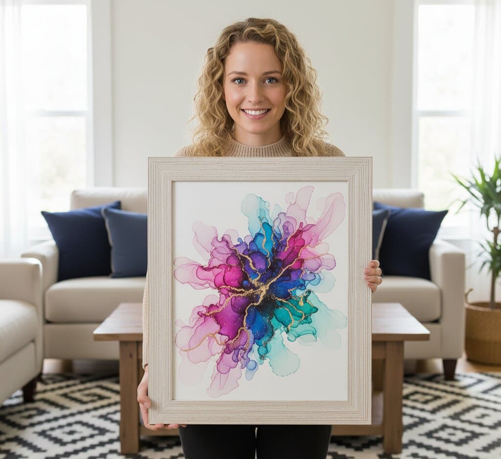 Woman holding overhead large White Barnwood Frame with vibrant watercolor splash abstract art featuring teal turquoise orange lime green navy blue organic flowing shapes demonstrating soft coastal white finish and 1.5 inch textured barnwood moulding for contemporary abstract and fluid artwork framing