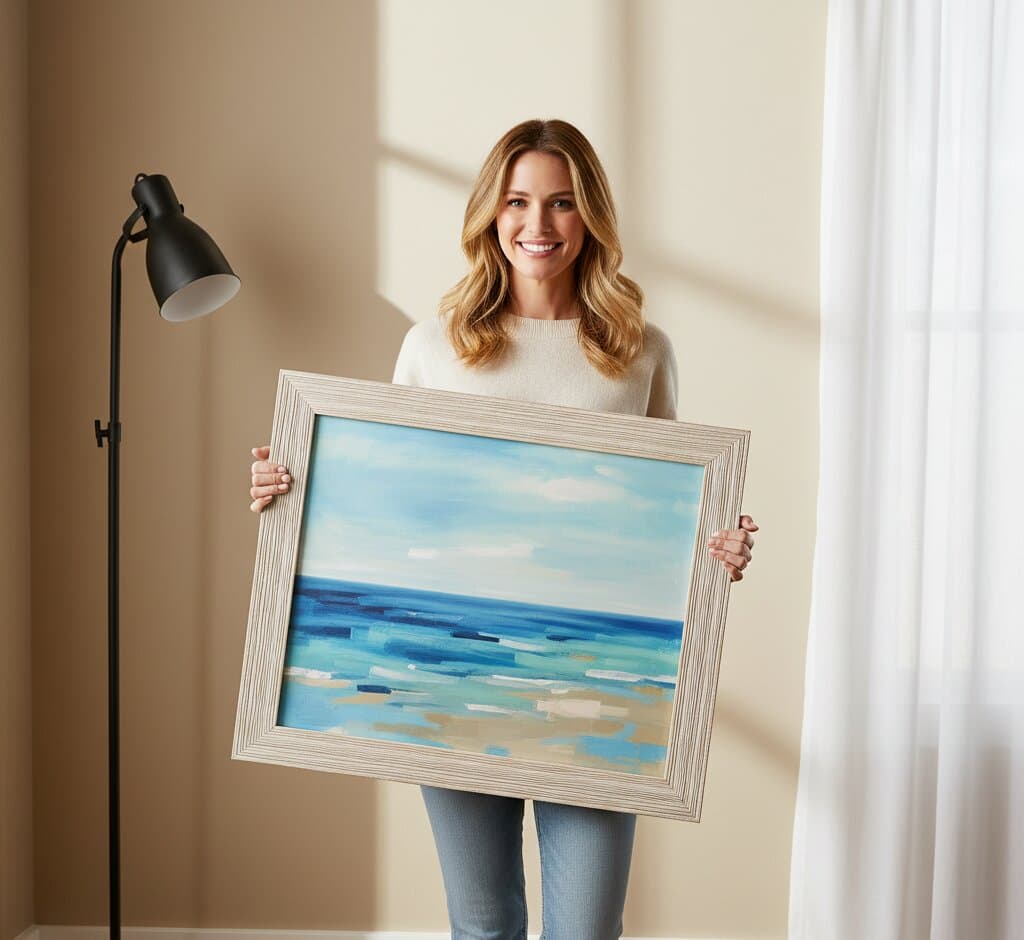 Woman presenting large White Barnwood Frame displaying abstract coastal impressionist seascape with horizontal blue ocean bands tan sandy beach and bright sky in warm modern interior showcasing bright white shabby chic finish and 1.5 inch rustic barnwood moulding for beach house and coastal artwork framing