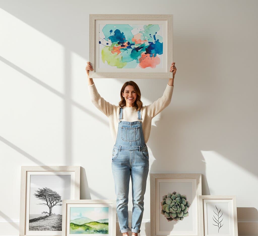 Professional in modern art gallery holding large White Barnwood Frame displaying dramatic coastal seascape oil painting with turquoise ocean crashing waves white foam golden sandy beach and blue sky demonstrating textured white finish and substantial 1.5 inch coastal barnwood moulding for marine and beach landscape framing