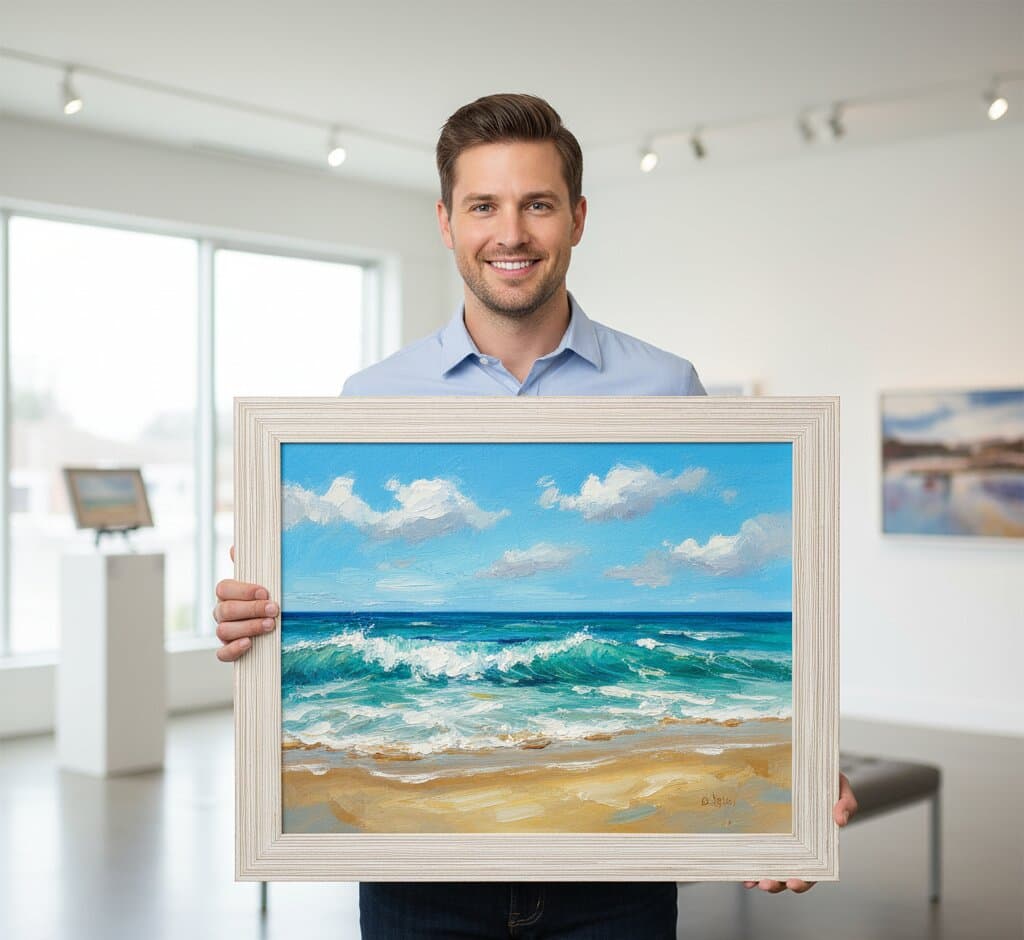 Hands holding White Barnwood Frame displaying coastal beach dune path watercolor painting with sandy trail through sea grass dunes leading to ocean horizon blue sky with white matting showcasing soft white finish and 1.5 inch authentic barnwood moulding for seaside and coastal landscape art framing