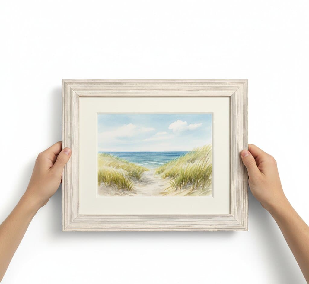Hands holding White Barnwood Frame displaying coastal beach dune watercolor with sandy path golden sea grass swaying dunes and blue ocean horizon with cream matting demonstrating bright coastal white finish and 1.5 inch textured barnwood moulding for beach cottage and seaside artwork framing