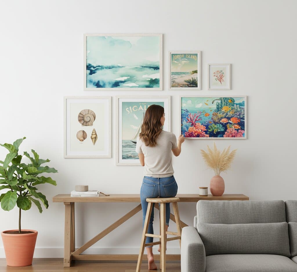 Woman on bench arranging coastal White Barnwood Frame gallery wall featuring turquoise wave watercolor vintage Sicat travel poster seashell specimens coral reef underwater scene and botanical prints demonstrating soft white finish and 1.5 inch rustic barnwood moulding for beach cottage and marine biology displays