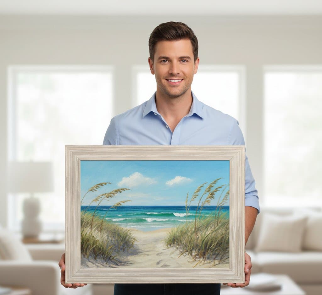 Woman presenting large White Barnwood Frame displaying vibrant rainbow alcohol ink floral abstract art with pink magenta blue turquoise lime green cobalt organic flowing petal shapes and gold leaf accents with white matting showcasing soft coastal white finish and 1.5 inch rustic barnwood moulding for contemporary fluid art and modern abstract framing