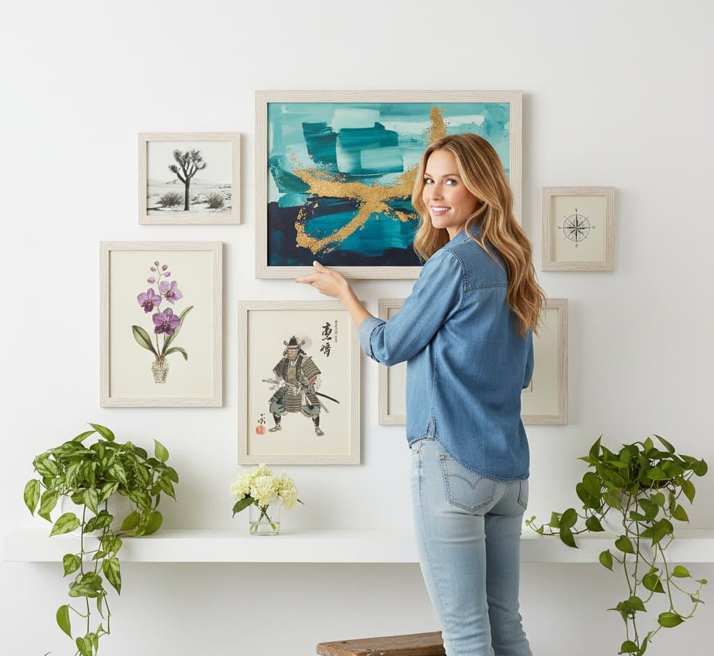 Woman arranging eclectic White Barnwood Frame gallery wall featuring large abstract teal gold alcohol ink art with Japanese samurai warrior print purple orchid botanical Hokusai great wave nautical compass and desert Joshua tree photograph demonstrating bright white shabby chic finish and 1.5 inch textured barnwood moulding for Asian art and mixed cultural collections