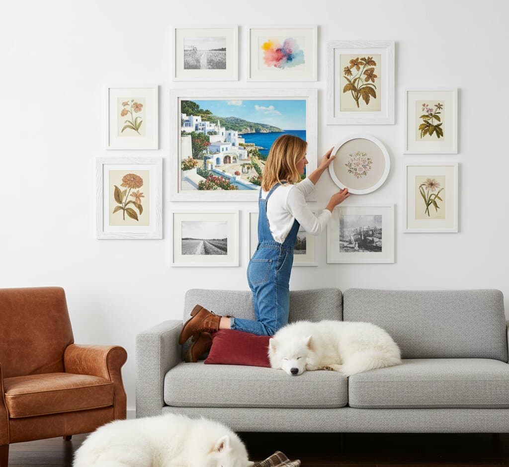 Woman on sofa with sleeping Samoyed arranging Mediterranean White Barnwood Frame gallery wall featuring large coastal Greek village oil painting with whitewashed buildings terracotta roofs blue harbor flanked by vintage botanical flower prints sepia beach photographs pressed specimens and abstract watercolor demonstrating bright shabby chic white finish and 1.5 inch rustic barnwood moulding for European travel and botanical collections
