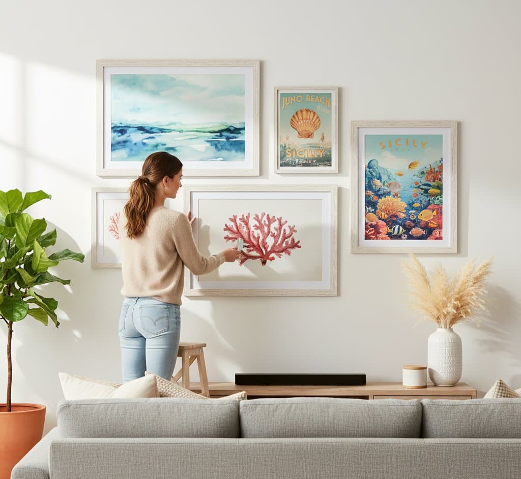 Woman on sofa arranging coastal White Barnwood Frame gallery wall featuring turquoise ocean wave watercolor vintage Juno Beach Sicily travel posters red coral specimen and tropical reef fish underwater scene demonstrating soft white finish and 1.5 inch authentic barnwood moulding for beach cottage marine biology and vintage travel poster displays