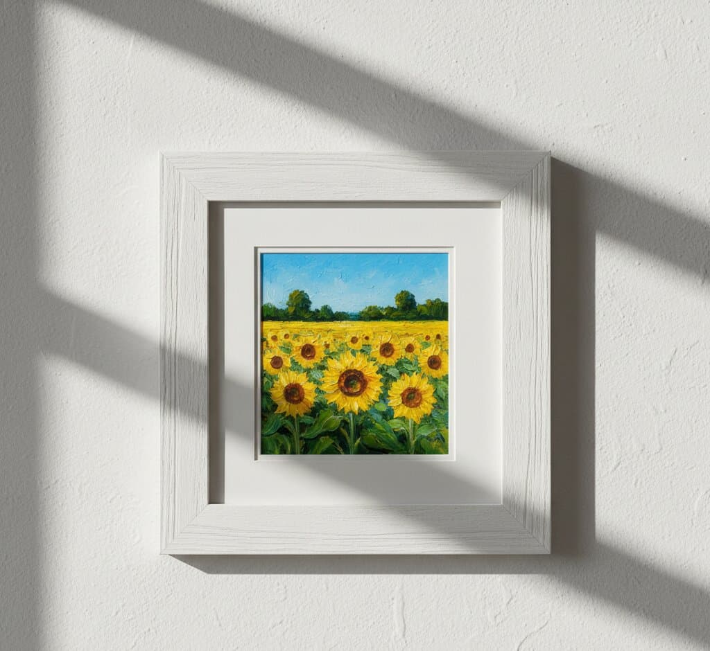 White Barnwood Frame displaying vibrant sunflower field oil painting with golden yellow blooms emerald green foliage bright blue sky and distant tree line with white matting on neutral wall with dramatic natural window light shadows showcasing bright coastal white finish and substantial 1.5 inch rustic barnwood moulding for floral landscape and agricultural artwork framing