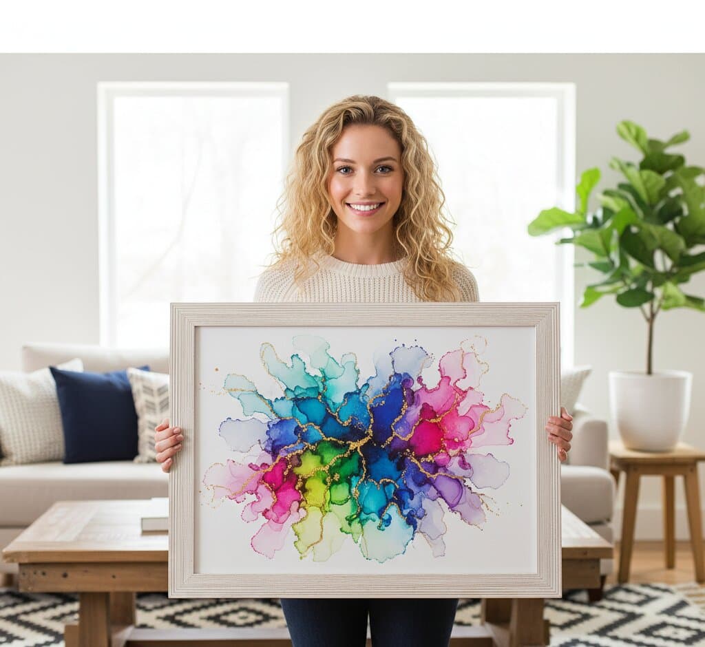 Woman presenting large White Barnwood Frame displaying dramatic ocean spiral abstract painting with deep navy blue teal turquoise purple swirling vortex brushstrokes creating dynamic movement in warm modern interior showcasing textured white finish and substantial 1.5 inch coastal barnwood moulding for contemporary fluid art and oceanic abstract expressionism framing