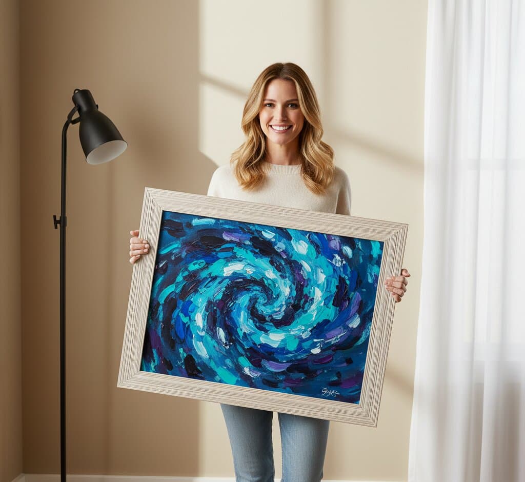 Professional presenting large White Barnwood Frame displaying coastal beach dune oil painting with white sandy path golden sea grass swaying in breeze turquoise ocean horizon gentle waves and bright blue sky in bright modern gallery setting demonstrating soft coastal white finish and substantial 1.5 inch rustic barnwood moulding for professional coastal landscape and seascape artwork framing
