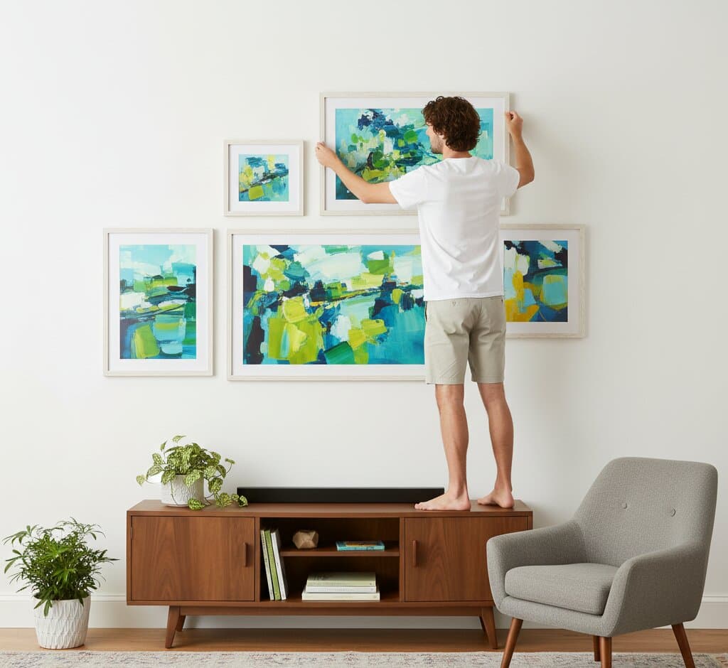 Man standing on media console arranging asymmetric White Barnwood Frame gallery wall featuring bold abstract expressionist paintings with teal turquoise lime green navy blue energetic brushstrokes in various sizes demonstrating coastal white finish and 1.5 inch textured barnwood moulding for contemporary abstract art collections