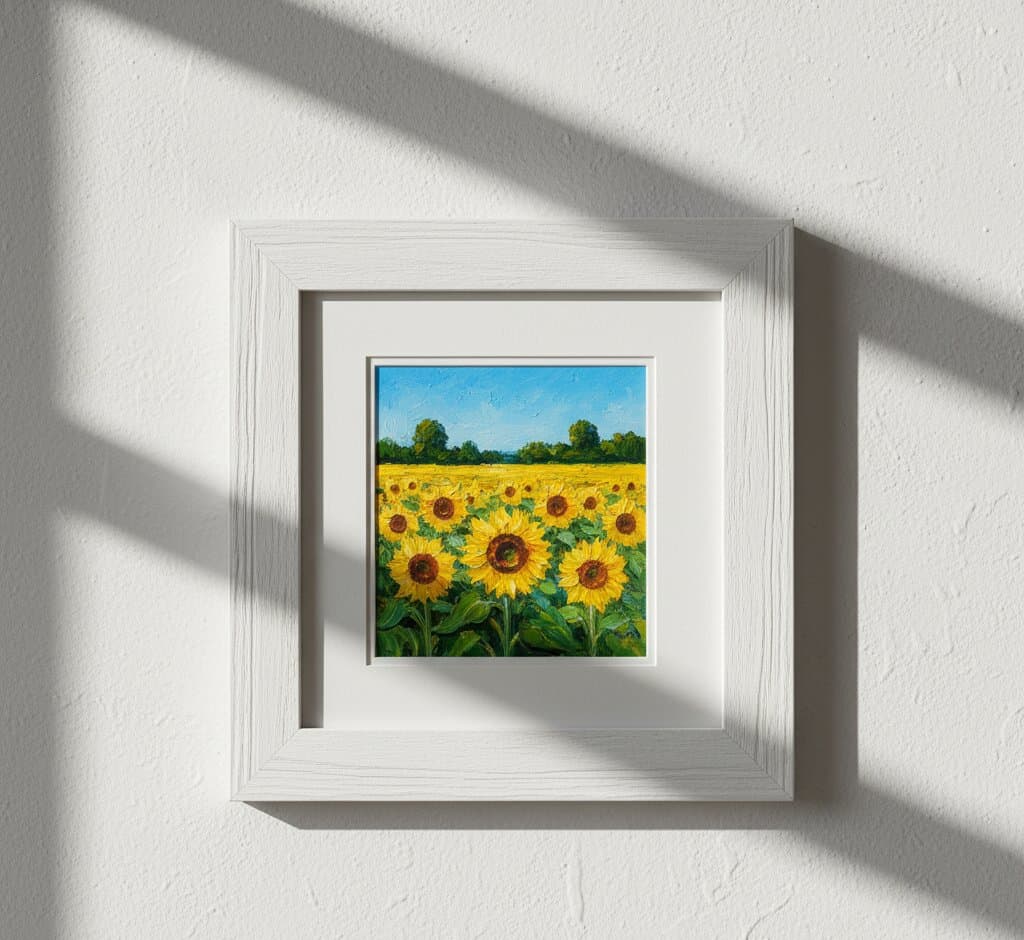 White Barnwood Frame displaying vibrant sunflower field oil painting with golden yellow blooms emerald green foliage pink sunset orange sky and distant mountain horizon with white matting on neutral wall showcasing bright coastal white finish and substantial 1.5 inch rustic barnwood moulding for floral and agricultural landscape framing