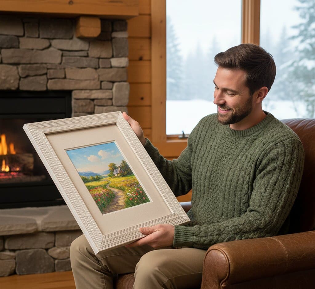 Man in rustic cabin beside stone fireplace holding White Barnwood Frame displaying pastoral landscape oil painting with wildflower meadow path golden fields blue mountain vista and fluffy clouds with cream matting demonstrating soft white finish and 1.5 inch authentic barnwood moulding for lodge and countryside artwork framing