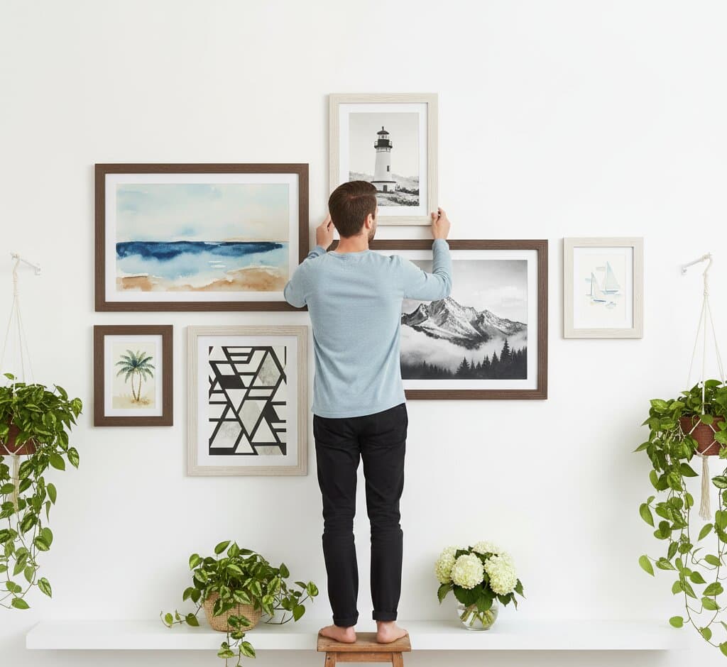 Man on stool arranging eclectic White Barnwood Frame gallery wall featuring coastal watercolor seascape black white lighthouse photograph mountain landscape palm tree botanical and geometric abstract demonstrating bright coastal rustic white finish and 1.5 inch textured barnwood moulding for mixed media and travel themed wall arrangements