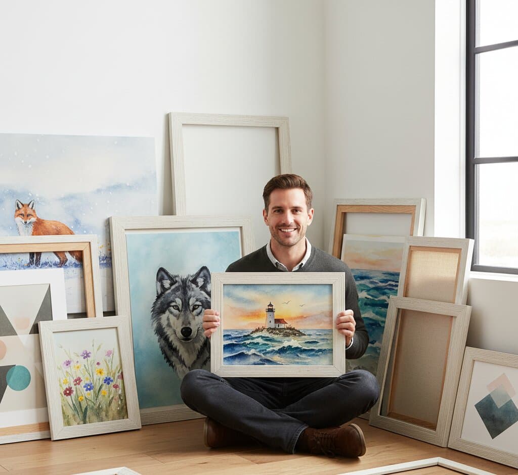 Man sitting on floor surrounded by collection of White Barnwood Frame including coastal lighthouse sunset painting gray wolf wildlife portrait watercolor wildflowers beach dune scenes and geometric mountain abstracts demonstrating versatile soft white finish and 1.5 inch rustic barnwood moulding for curated art collections