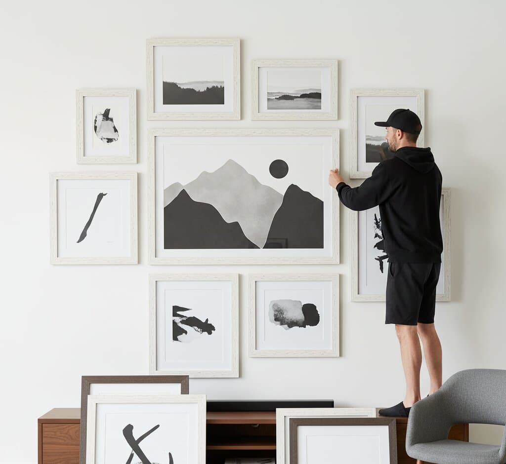 Man arranging sophisticated monochromatic White Barnwood Frame gallery wall featuring black white gray minimalist abstract paintings with geometric mountain peaks ink wash landscapes and modern expressionist brushwork demonstrating coastal white finish and 1.5 inch textured barnwood moulding for contemporary neutral tone art displays