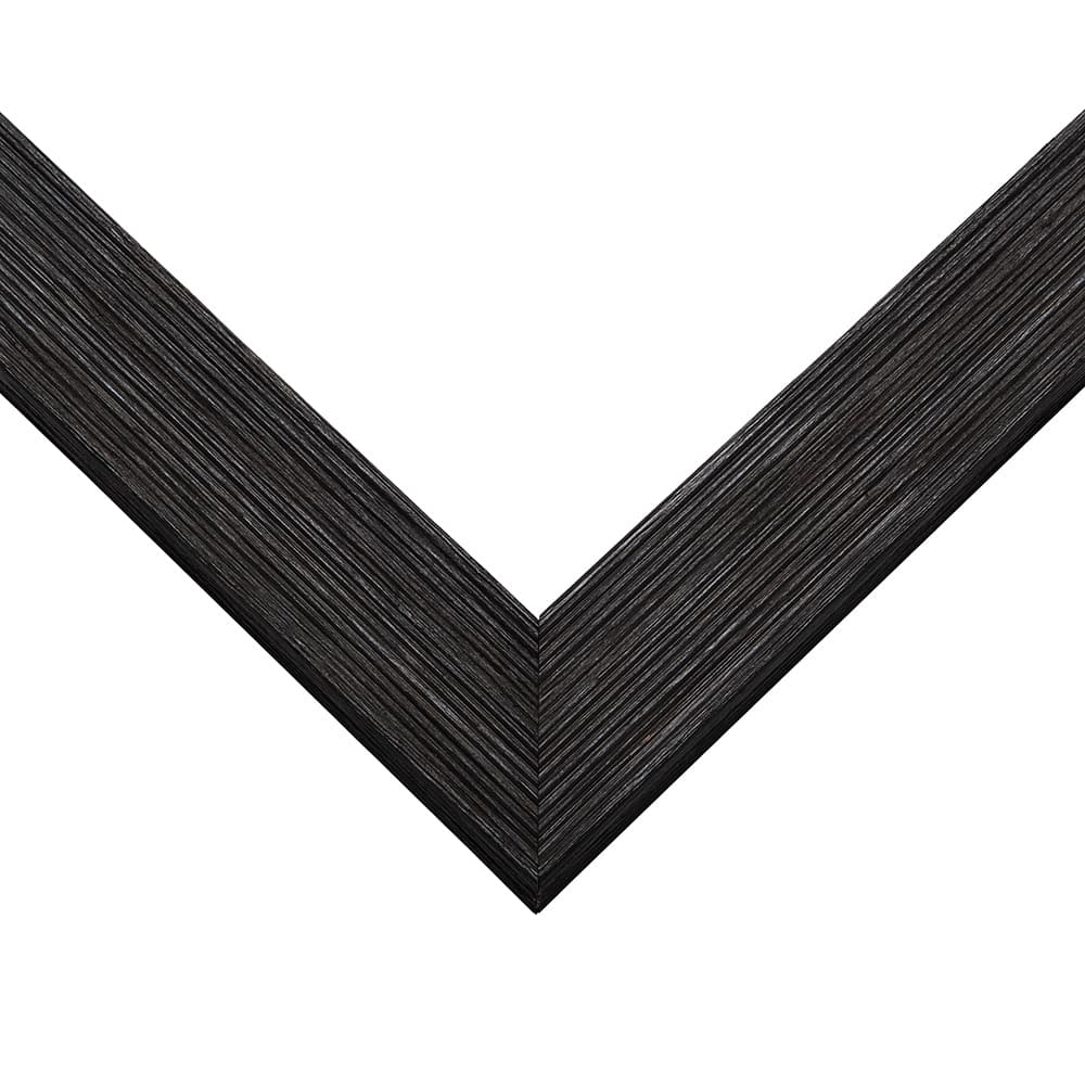 Black Barnwood Frame corner detail showing distinctive barnwood texture with rich black finish and pronounced wood grain in 1.5 inch profile