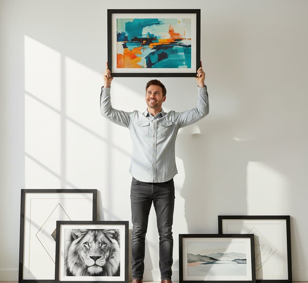 Man holding overhead Black Barnwood Frame displaying bold abstract expressionist painting with vibrant teal turquoise orange geometric blocks on neutral background with additional lion portrait and mountain landscape frames staged below demonstrating substantial 1.5 inch rustic black moulding for contemporary action painting and modern abstract artwork framing