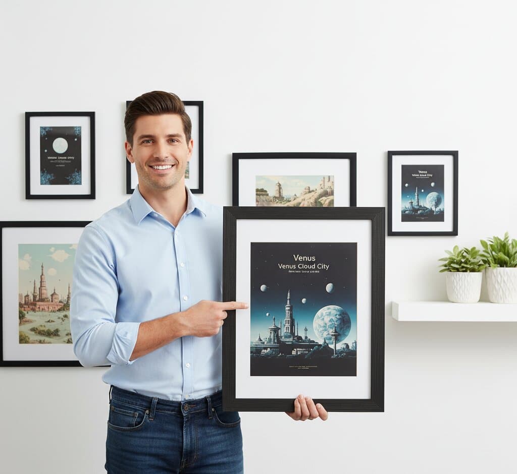 Professional presenting large Black Barnwood Frame displaying vintage Venus Cloud City retro space travel poster with architectural cathedral spires floating Earth and planetary moonscape surrounded by additional framed astronomical prints and European cityscapes showcasing dramatic black wood grain finish and 1.5 inch textured barnwood moulding for science fiction and mid-century modern poster collections