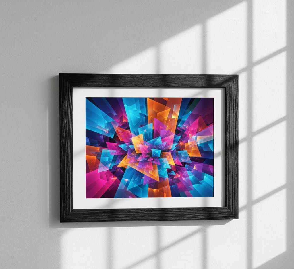 Black Barnwood Frame displaying explosive geometric crystal shard digital art with radial burst of vibrant blue cyan orange magenta purple translucent angular fragments emanating from center on neutral wall with dramatic natural window light shadows showcasing sophisticated black finish and substantial 1.5 inch rustic barnwood moulding for contemporary digital art and abstract geometric framing