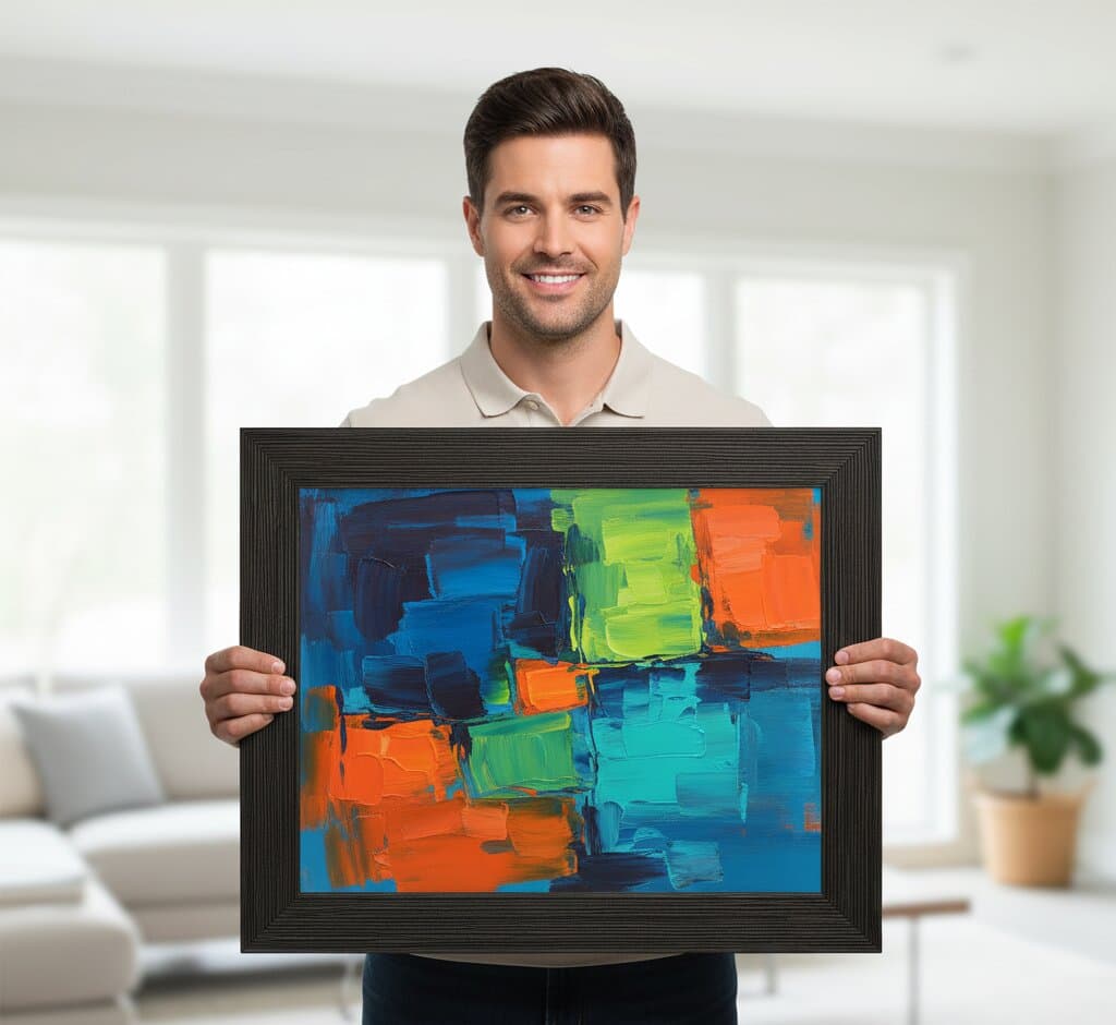 Professional presenting large Black Barnwood Frame displaying vibrant color field abstract painting with bold navy blue teal lime green orange rectangular blocks and energetic impasto brushstrokes in bright modern interior demonstrating rich black wood grain texture and substantial 1.5 inch rustic barnwood moulding for contemporary color field painting and modern abstract expressionism framing