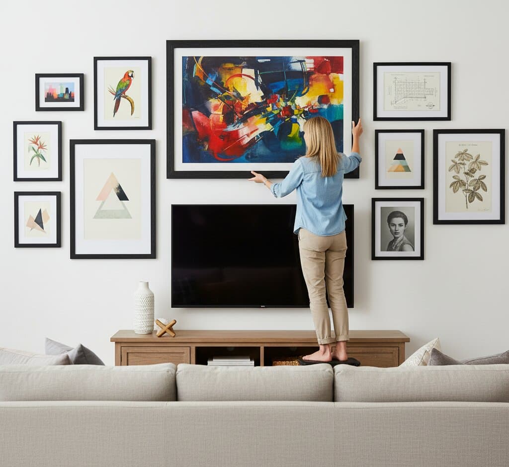 Woman arranging Black Barnwood Frame media room gallery wall surrounding flat screen television featuring large abstract expressionist painting with vibrant red yellow blue gestural brushstrokes flanked by tropical parrot watercolor vintage botanical prints geometric minimalist art technical architectural blueprint and black white portrait photograph demonstrating sophisticated black finish and 1.5 inch textured barnwood moulding for eclectic TV wall and mixed media art displays