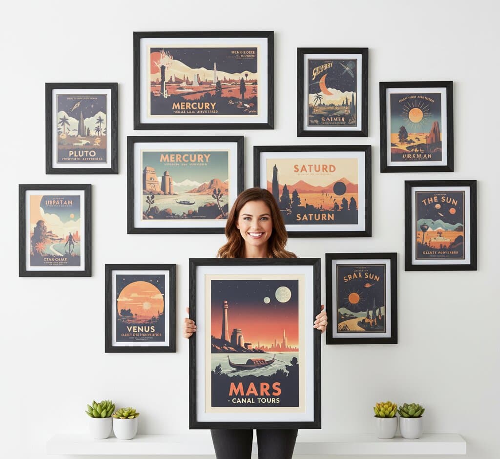 Woman presenting large Black Barnwood Frame displaying Mars Canal Tours vintage space travel poster with gondola canal cityscape while surrounded by comprehensive retro astronomy poster gallery including Mercury Solar Lake Adventures Saturn ring system Pluto cryogenic adventures Venus glass dome neighborhoods Uranian cloud surfing and The Sun galaxy pathfinders demonstrating rich black wood grain finish and substantial 1.5 inch rustic barnwood moulding for mid-century space age poster collections and vintage NASA inspired artwork framing