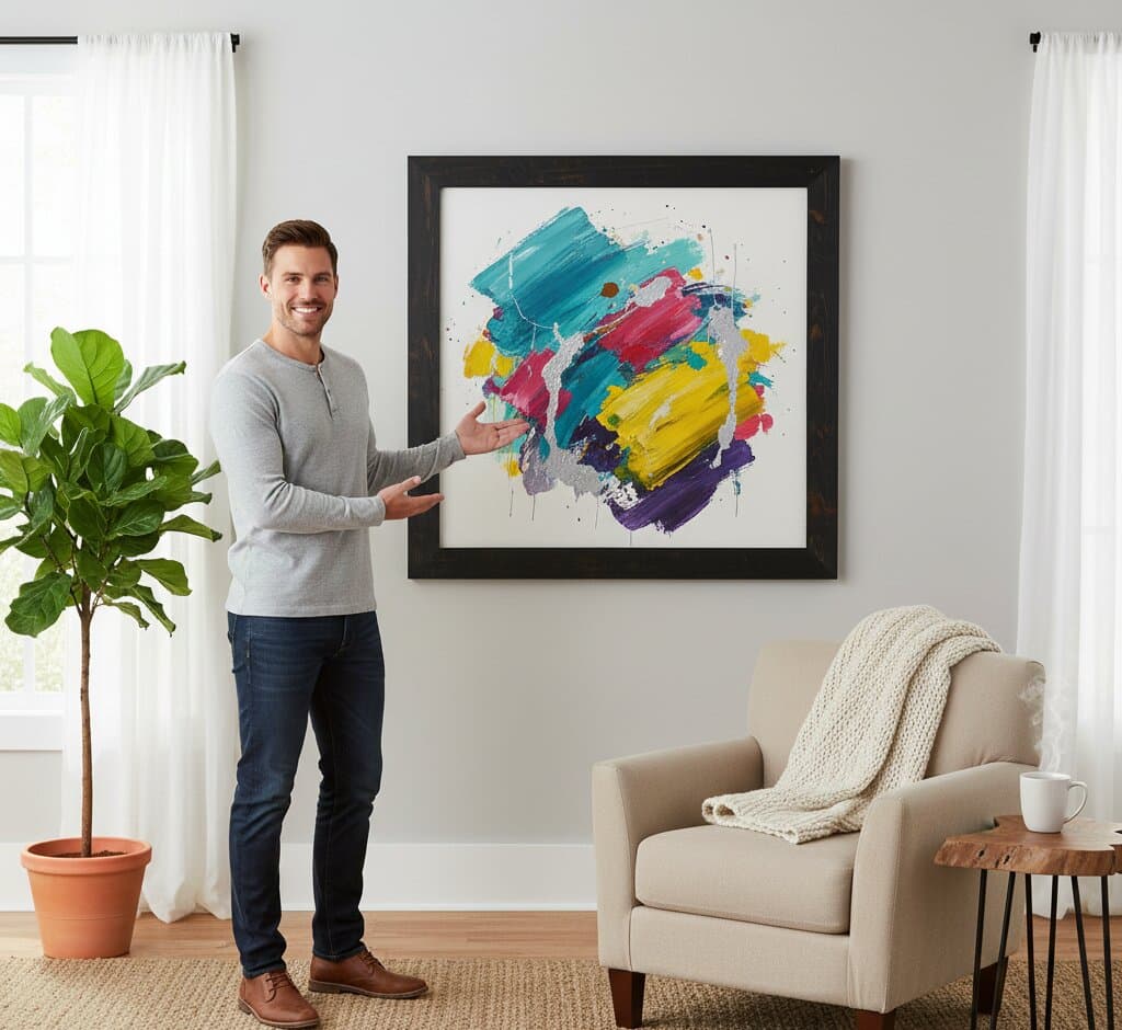 Man presenting oversized Black Barnwood Frame displaying explosive abstract expressionist painting with energetic teal turquoise magenta pink golden yellow purple navy blue radiating brushstrokes and paint splatters on white canvas in bright contemporary living room demonstrating dramatic black wood grain texture and substantial 1.5 inch rustic barnwood moulding for large scale abstract action painting and contemporary fine art framing