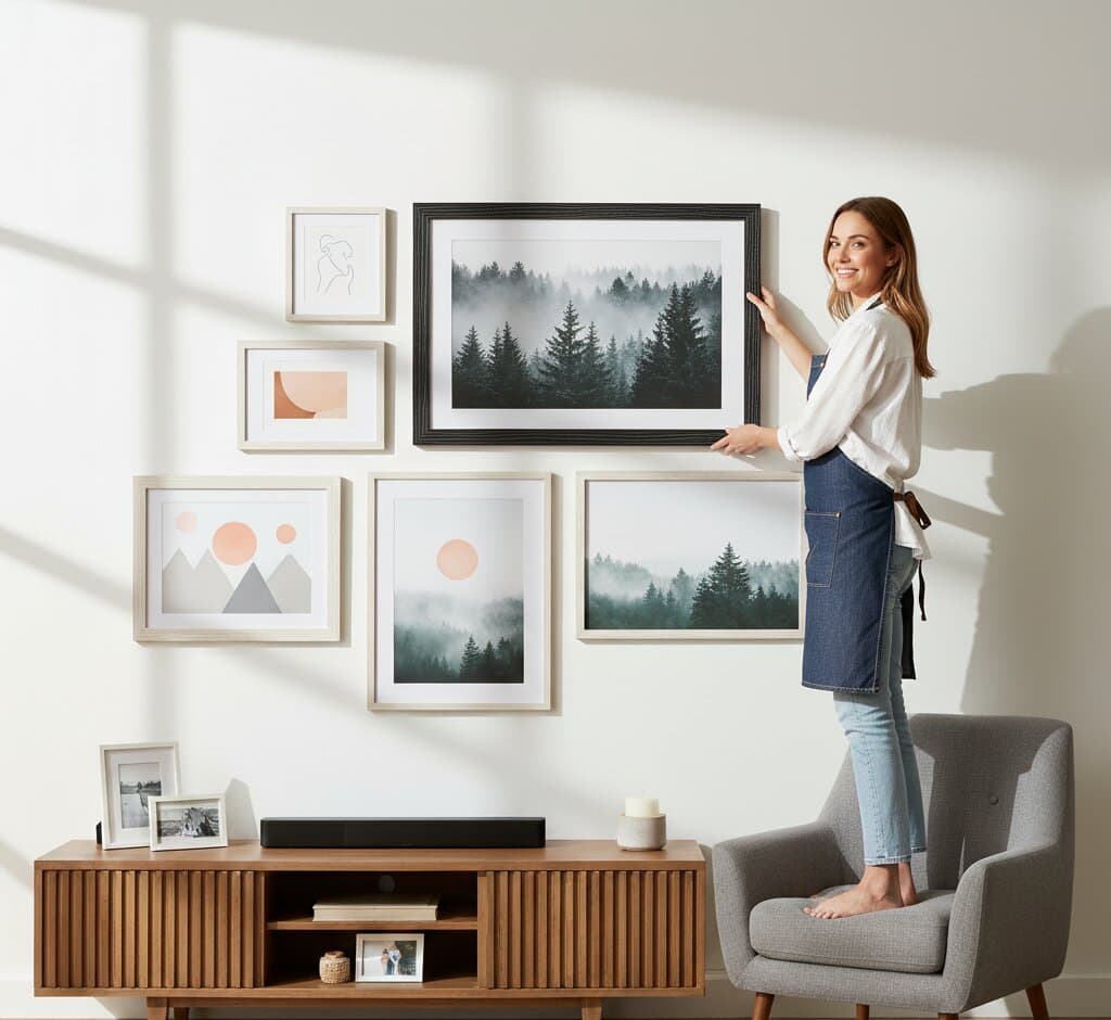 Woman on chair arranging mixed black and white picture frames gallery wall featuring large misty forest landscape photography centerpiece with fog rolling through evergreen pine trees complemented by geometric minimalist prints in white frames demonstrating sophisticated black finish and 1.5 inch textured barnwood moulding for contemporary nature photography and mixed frame color gallery wall arrangements