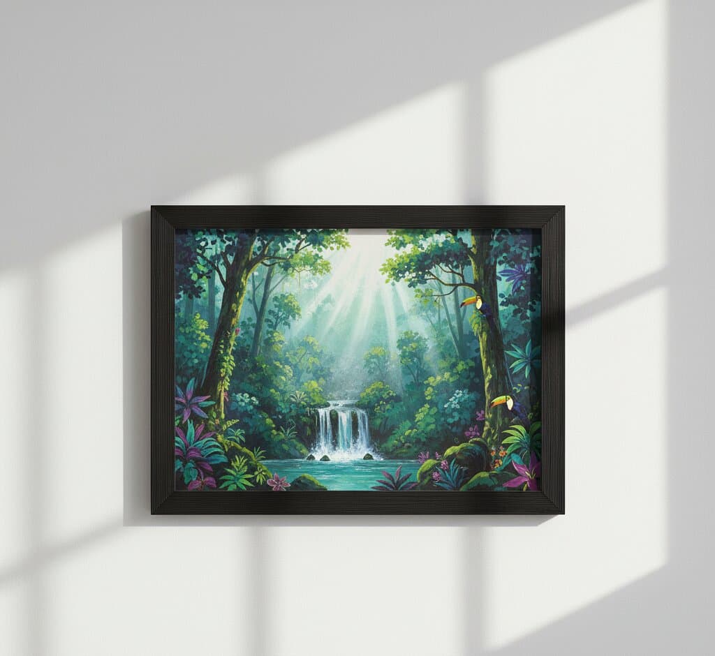 Black Barnwood Frame displaying lush tropical rainforest waterfall oil painting with emerald green foliage cascading white waterfall into turquoise pool vibrant purple pink flowers colorful toucans and dramatic sunbeams filtering through dense jungle canopy on textured wall with natural window light shadows showcasing rich black wood grain finish and substantial 1.5 inch rustic barnwood moulding for tropical landscape and exotic wildlife artwork framing