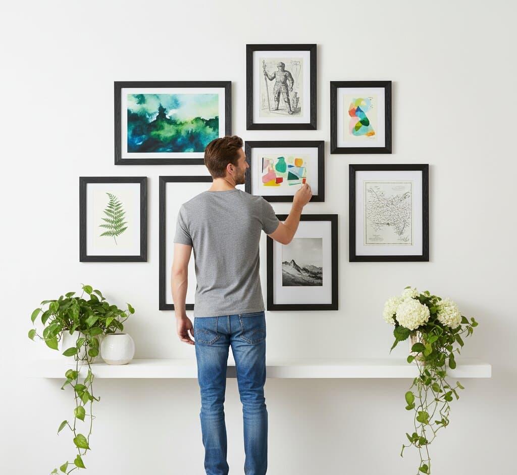 Man arranging eclectic Black Barnwood Frame gallery wall featuring abstract teal turquoise watercolor landscape vintage classical sculpture line drawing colorful geometric tessellation art delicate green fern botanical pressed specimen and antique topographical map demonstrating sophisticated black finish and 1.5 inch textured barnwood moulding for curated art collections and mixed media gallery wall displays