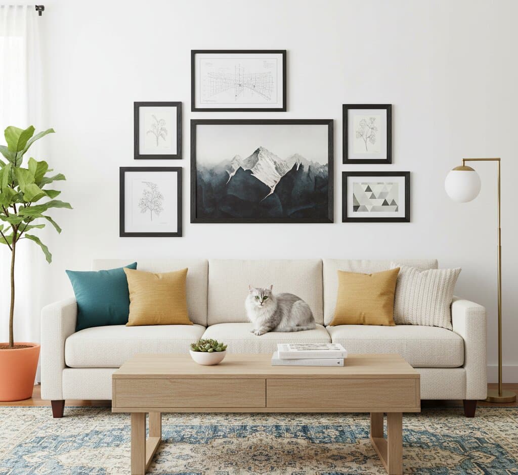 Serene minimalist living room featuring Black Barnwood Frame gallery wall above beige sofa with silver Persian cat featuring dramatic monochromatic mountain landscape watercolor centerpiece with misty peaks and dark foreground flanked by delicate botanical line drawings technical architectural blueprint and geometric triangle prints demonstrating refined black wood grain finish and 1.5 inch rustic barnwood moulding for Scandinavian modern and minimalist wall arrangements