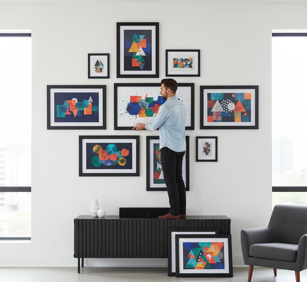 Professional on modern console arranging comprehensive Black Barnwood Frame geometric abstract gallery wall featuring vibrant mid-century modern designs with overlapping triangles circles hexagons in teal orange red blue yellow and multicolored tessellations with polka dots and patterns in symmetrical salon-style arrangement demonstrating sophisticated black finish and substantial 1.5 inch textured barnwood moulding for Bauhaus inspired and geometric abstraction art collections