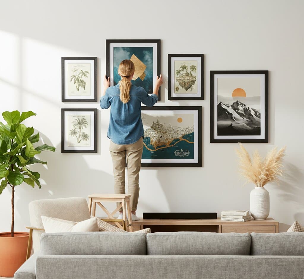 Woman on stool arranging Black Barnwood Frame gallery wall featuring geometric pyramid art with teal turquoise layered triangular forms on golden background flanked by vintage palm tree botanical illustrations tropical plant engravings topographical mountain landscape and abstract sunset minimalist prints demonstrating rich black wood grain texture and 1.5 inch rustic barnwood moulding for modern tropical botanical and geometric art displays