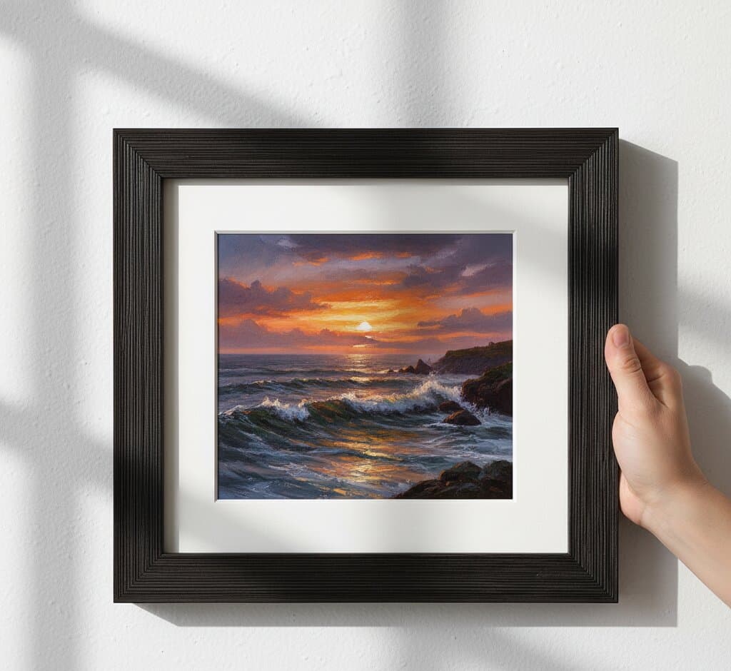 Hand placing small Black Barnwood Frame displaying dramatic coastal seascape oil painting with fiery orange golden sunset clouds purple twilight sky reflecting on ocean waves crashing against dark rocky shoreline on textured neutral wall with natural window light shadows showcasing sophisticated black finish and substantial 1.5 inch rustic barnwood moulding for intimate coastal landscape and maritime artwork framing
