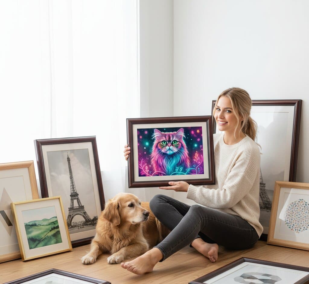 Woman presenting large Walnut Picture Frame displaying vibrant alcohol ink abstract art with organic flowing teal turquoise navy blue magenta pink lavender purple shapes separated by metallic gold silver veining creating marbled geode crystalline effect in bright modern interior demonstrating sophisticated mahogany brown wood grain texture and traditional 1.25 inch stepped profile moulding for contemporary fluid art alcohol ink painting and modern abstract expressionism framing