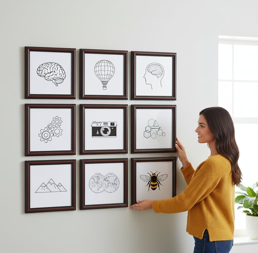 Woman presenting large Walnut Picture Frame displaying vintage Saturn ringed planet retro space travel poster with art deco typography dramatic orange striped gas giant planetary rings rocket spacecraft and navy blue starfield while surrounded by comprehensive space poster gallery including Mo Mom Travels and Dancessa Hook Traves demonstrating refined mahogany brown finish and traditional 1.25 inch stepped moulding for vintage astronomy poster and mid-century space exploration artwork collections