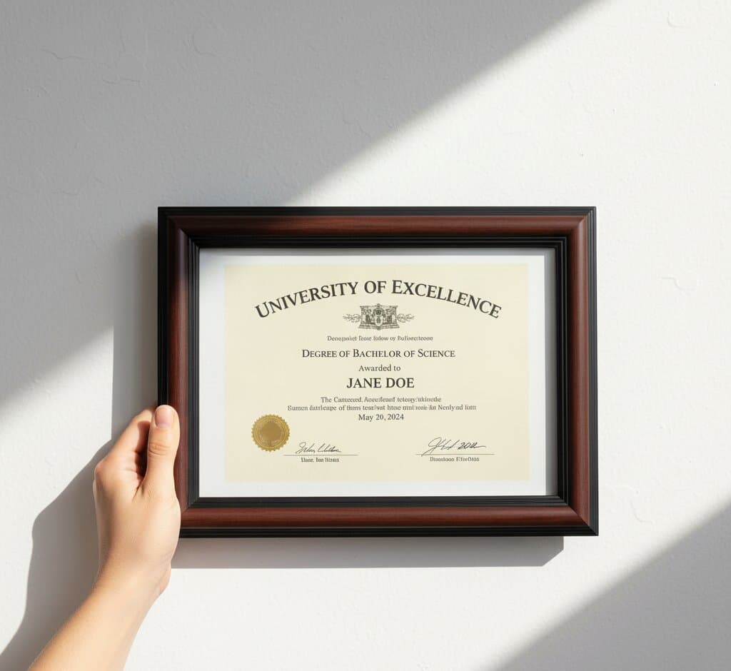 Hand holding Walnut Picture Frame displaying formal University of Excellence Bachelor of Science diploma certificate for Jane Doe with gold seal official signatures and traditional typography on neutral wall with dramatic window light shadows demonstrating refined mahogany brown wood grain finish and traditional 1.25 inch stepped profile moulding ideal for academic diploma framing professional certificate framing and official document preservation