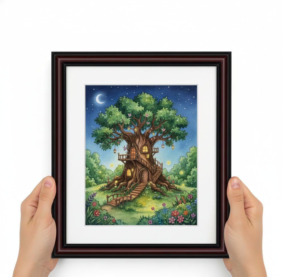 Hands holding Walnut Picture Frame displaying enchanting fantasy treehouse illustration with magical nighttime scene featuring illuminated wooden dwelling built into ancient oak with hanging lanterns stairways platforms starry navy blue sky crescent moon and colorful wildflower garden showcasing traditional mahogany brown finish and substantial 1.25 inch stepped moulding for children's fantasy art nursery artwork and whimsical illustration framing