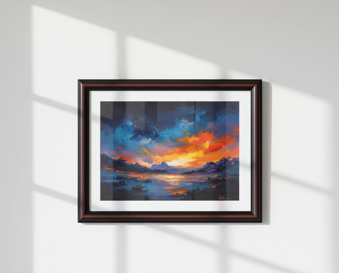 Walnut Picture Frame displaying dramatic sunset landscape oil painting with explosive fiery orange golden yellow clouds contrasting against deep navy blue turquoise sky reflecting over mountainous coastal waters creating powerful atmospheric composition on textured wall with window light shadows demonstrating rich mahogany brown wood grain and traditional 1.25 inch stepped profile moulding for impressionist landscape and contemporary sunset artwork framing