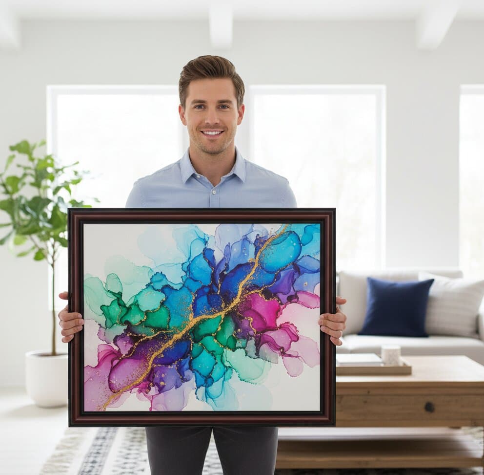 Professional presenting large Walnut Picture Frame displaying vibrant alcohol ink abstract art with organic flowing teal turquoise aqua blue navy purple magenta shapes separated by metallic gold veining creating fluid marbled crystalline geode effect in bright modern interior demonstrating sophisticated mahogany brown finish and traditional 1.25 inch stepped moulding for contemporary alcohol ink painting and fluid art framing