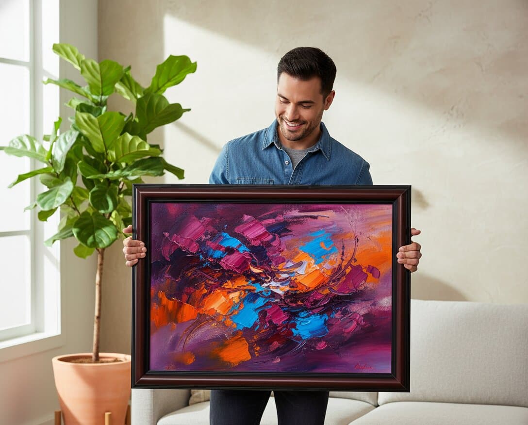 Professional presenting large Walnut Picture Frame displaying bold abstract expressionist painting with dynamic magenta purple orange blue palette knife brushstrokes and energetic gestural marks creating vibrant textured composition beside fiddle leaf fig plant demonstrating refined mahogany brown wood grain and traditional 1.25 inch stepped profile moulding for contemporary abstract expressionism and modern impasto artwork framing