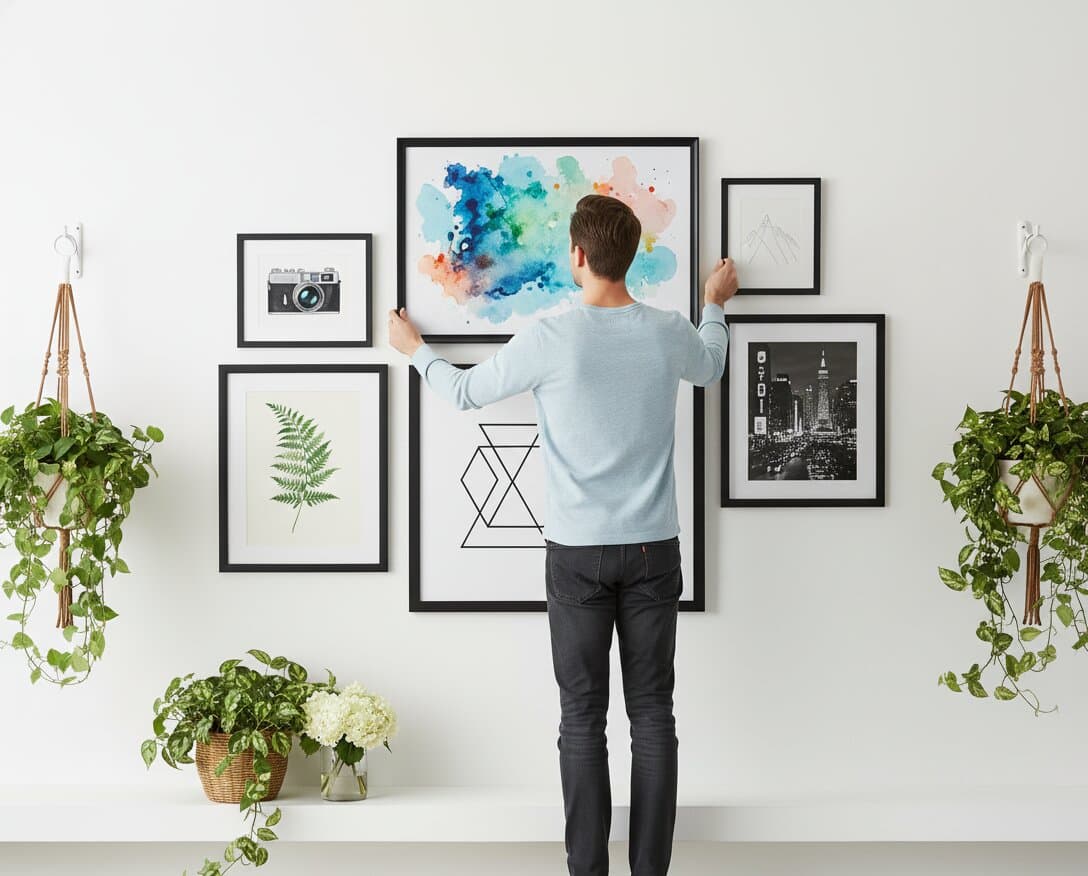 Man arranging comprehensive mixed media gallery wall featuring black picture frames with vibrant watercolor abstract art centerpiece surrounded by vintage camera illustration delicate fern botanical geometric line art and monochromatic cityscape photography with hanging pothos plants creating eclectic modern display demonstrating versatility of coordinating Walnut Picture frames with other frame finishes for mixed gallery wall displays