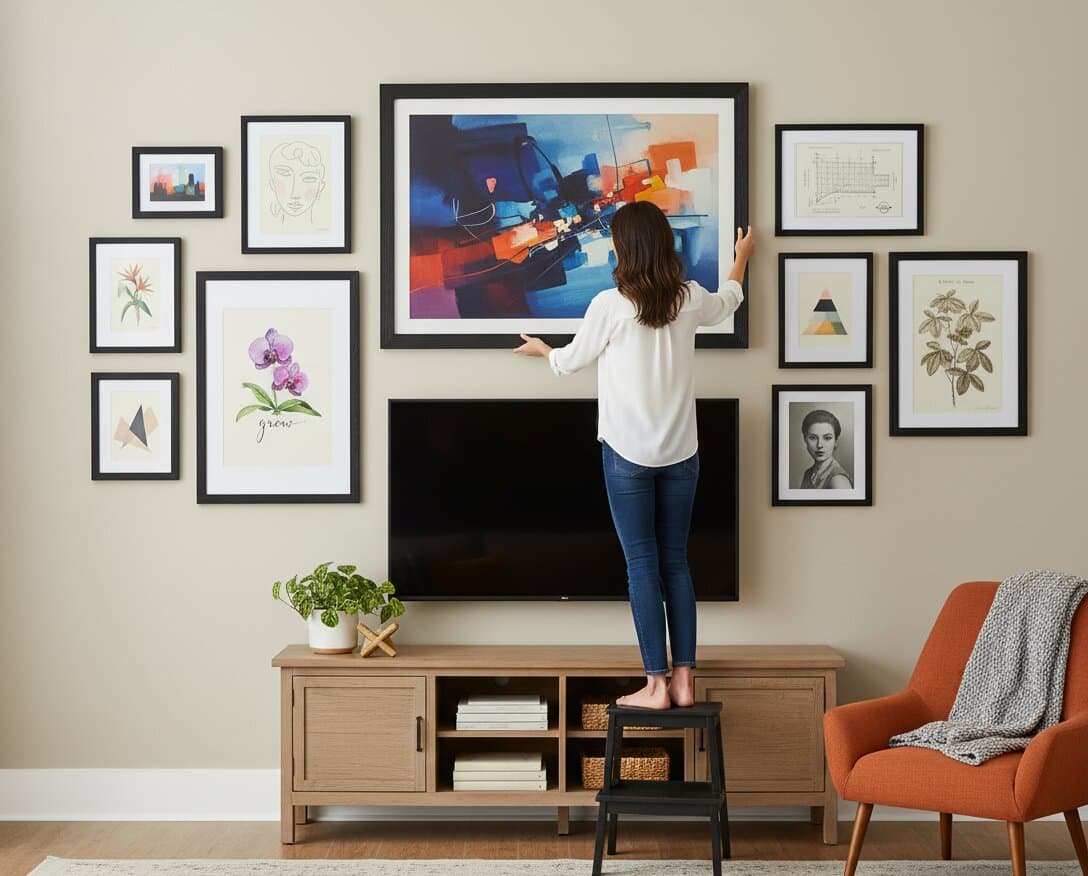 Woman arranging comprehensive TV gallery wall with mixed black picture frames surrounding television featuring large abstract geometric painting with navy blue orange color blocks flanked by minimalist line art portrait watercolor orchid botanical technical architectural drawing geometric shapes vintage portrait and decorative botanical illustrations above wooden media console demonstrating how Walnut Picture frames coordinate with black frames for mixed finish gallery wall displays