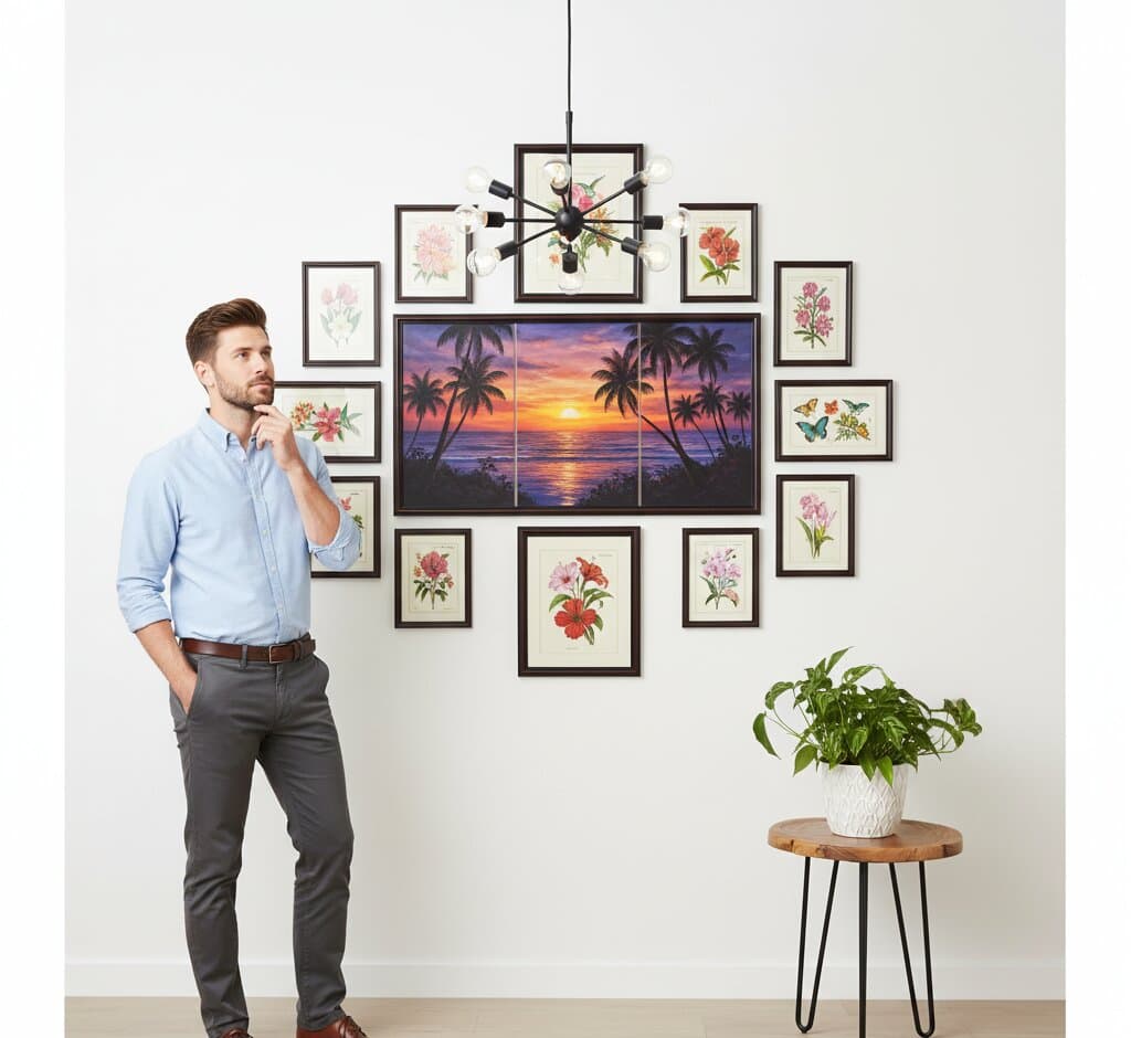 Professional admiring comprehensive Walnut Picture Frame TV gallery wall surrounding television featuring large tropical palm tree sunset oil painting with vibrant magenta purple orange sky over silhouetted palms and turquoise ocean surrounded by vintage botanical floral illustrations including orchids roses amaryllis and decorative wildflowers creating cohesive nature inspired display demonstrating traditional mahogany brown finish and substantial 1.25 inch stepped moulding for coordinated TV wall and botanical art collections