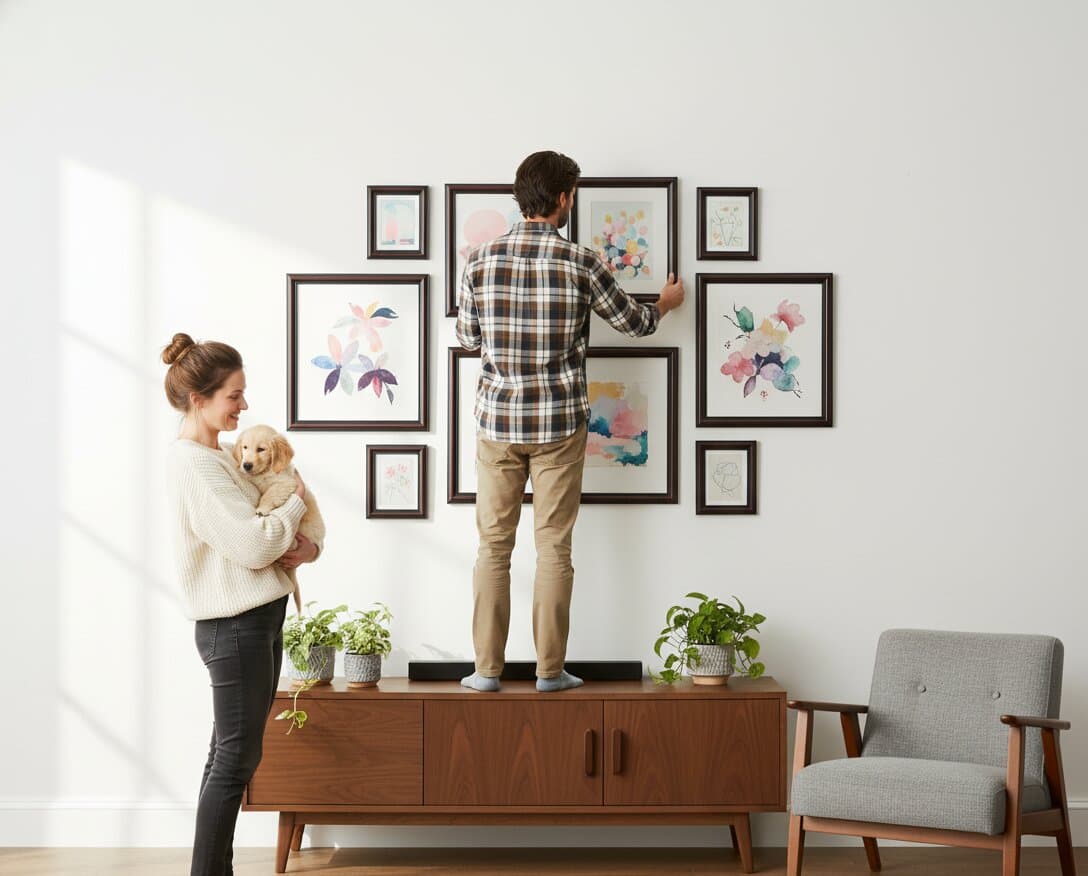 Couple with golden retriever puppy arranging comprehensive Walnut Picture Frame gallery wall featuring watercolor floral botanical collection including large blush pink navy blue abstract florals surrounded by geometric line art minimalist drawings and pastel botanical illustrations above mid-century modern walnut credenza creating cohesive feminine nature inspired display demonstrating versatile mahogany brown finish and traditional 1.25 inch stepped profile moulding for comprehensive botanical art and family friendly gallery walls