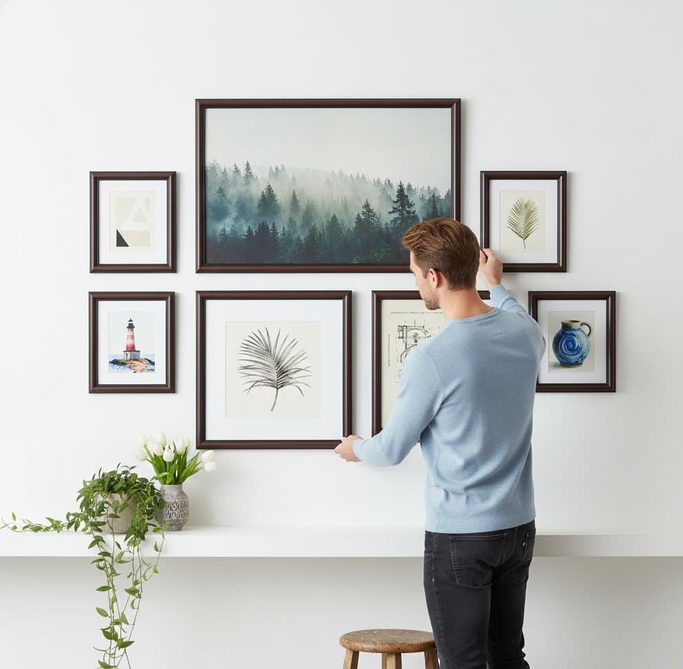 Man arranging comprehensive Walnut Picture Frame seven piece gallery wall featuring large atmospheric misty forest landscape photography with layered evergreen trees in fog centerpiece surrounded by palm frond botanical illustration watercolor lighthouse seascape technical architectural drawing vintage pottery and geometric abstract art creating balanced nature inspired display with cascading plants demonstrating traditional mahogany brown finish and substantial 1.25 inch stepped moulding for mixed media landscape and nature photography collections