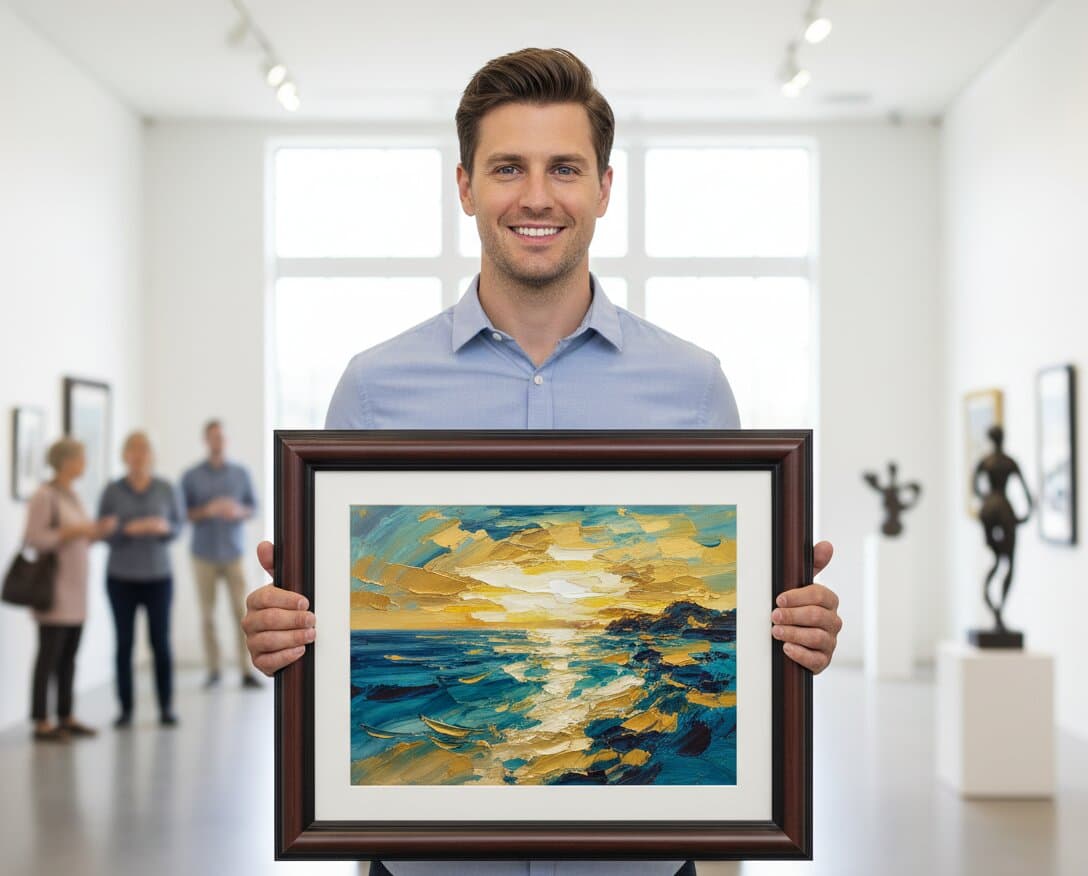 Professional in contemporary art gallery presenting Walnut Picture Frame displaying vibrant impressionist seascape oil painting with dramatic palette knife technique featuring golden yellow sunset reflecting over teal turquoise ocean waves with visible impasto texture and expressive brushwork demonstrating refined mahogany brown wood grain finish and traditional 1.25 inch stepped profile moulding ideal for impressionist seascape museum quality artwork and contemporary palette knife painting framing