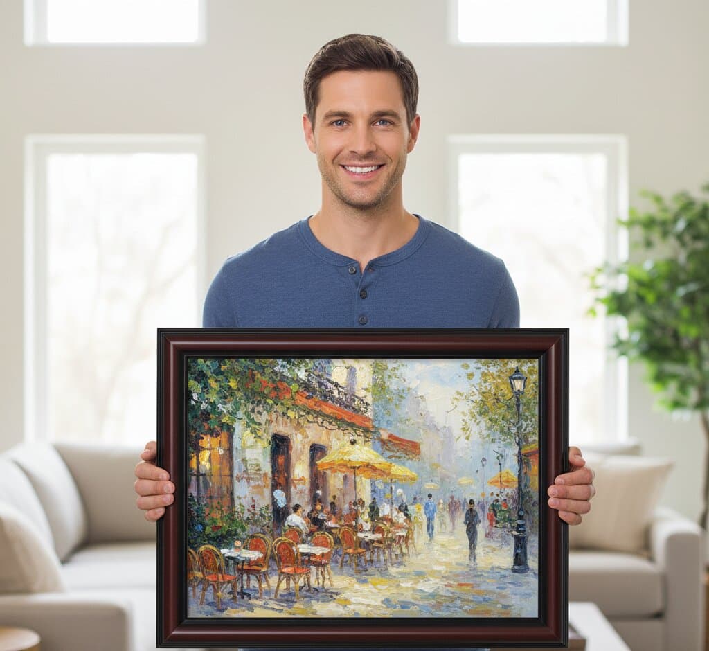 Professional presenting large Walnut Picture Frame displaying impressionist Parisian café scene oil painting with bustling outdoor bistro red wicker chairs diners under yellow awnings cobblestone street pedestrians lamp posts and atmospheric pointillist brushwork capturing golden hour light in traditional French setting demonstrating sophisticated mahogany brown finish and traditional 1.25 inch stepped moulding for impressionist European street scene and café culture artwork framing